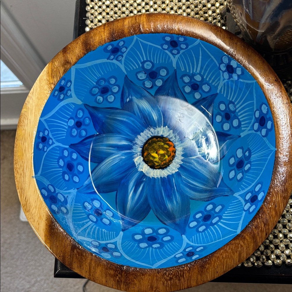 Blue Floral Wooden Bowl